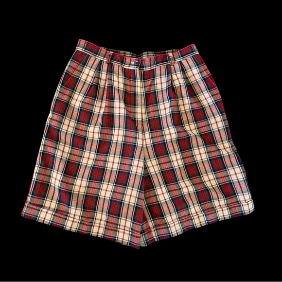 Vtg Talbots Red Plaid WOOL Shorts High Waisted Pleated Tartan Sz 16 USA 80s - Picture 1 of 6